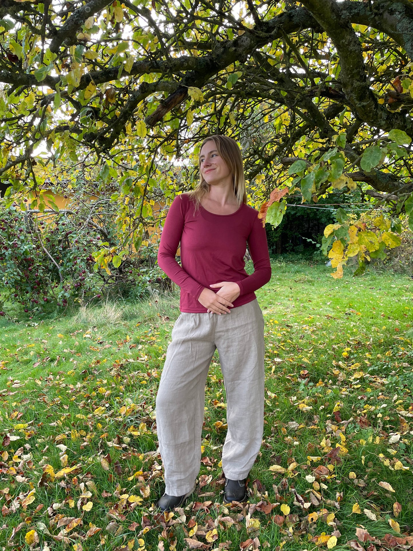 Vinrød langærmet T-Shirt i bambus