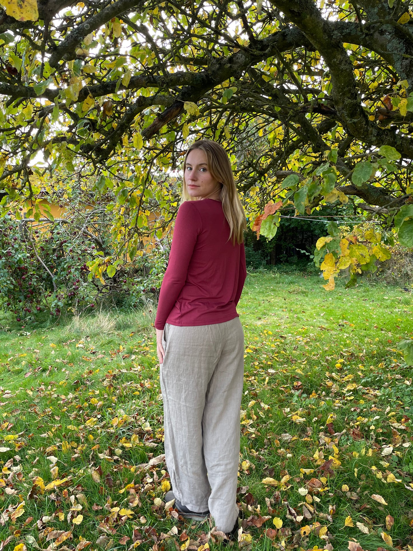 Vinrød langærmet T-Shirt i bambus